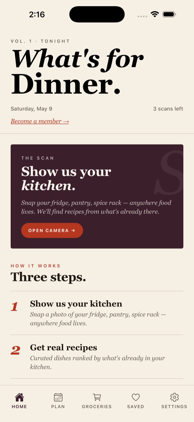 Home screen — What's for Dinner with the fridge scan card